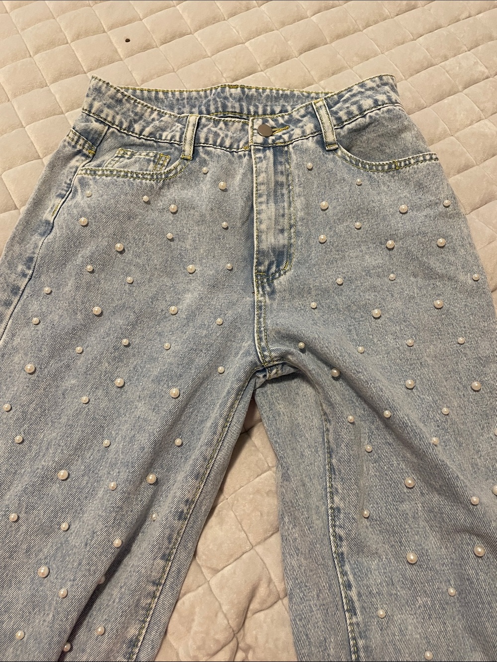 Amazon Light Blue Straight Leg Jeans with Pearl Studs
